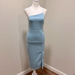 Blue asymmetrical midi bodycon dress